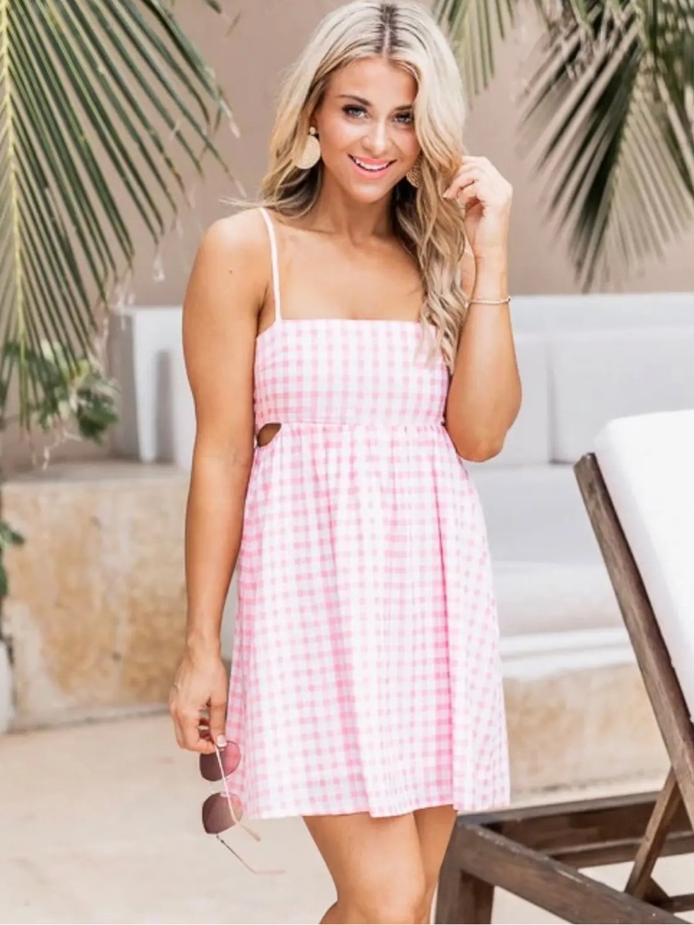 Pink Lily Peach Gingham Mini Dress